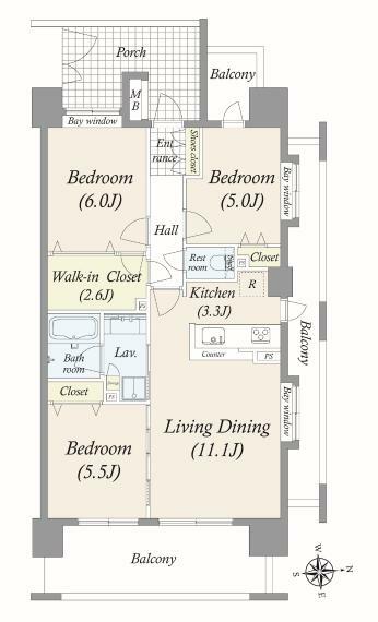 間取り図 高層階・角住戸ならではの開放感を感じられる住戸です。また、廊下部分の面積が少ないため、その分居室に広がりがあります。
