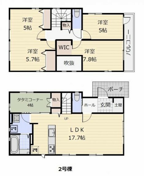 間取り図 （2号棟）10.7帖の洋室は2部屋に分けて使用することもできます。