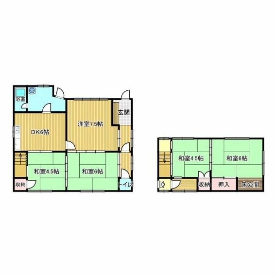 間取り図 建物面積は26.97坪。間取は5DKです。和室の多い間取りとなっております。部屋数が多いのでファミリーにおすすめな物件となっています。ご家族やご親戚、友人知人を招いてもゆったり過ごせます。