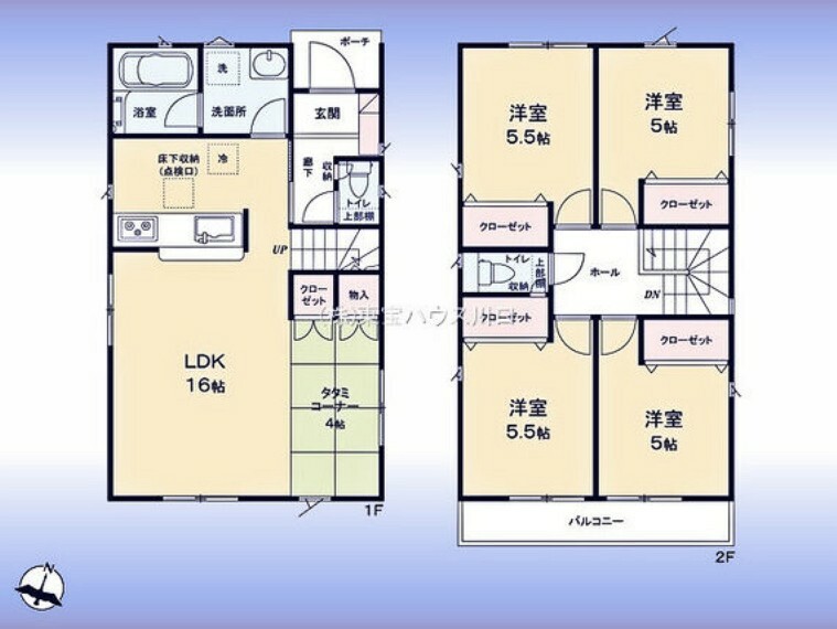 間取り図 間取図:対面キッチン付LDK＆畳コーナー2階に洋室4室南向きバルコニー