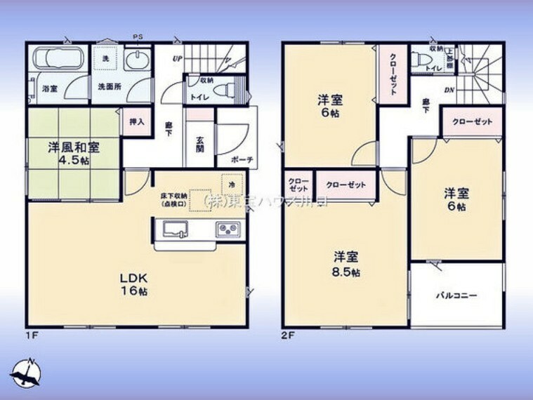 間取り図 間取図:対面キッチン付LDKと和室が続き間設計でゆったり空間2階に洋室3室（主寝室含む）南西向きバルコニー