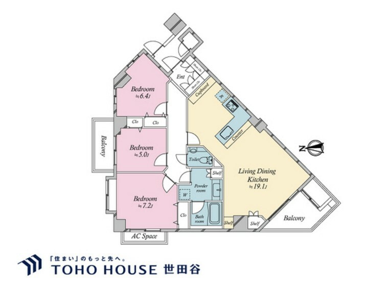 間取り図 3LDK、専有面積84.7m2、バルコニー面積10.18m2 、家具・装飾品は販売対象に含まれておりません。