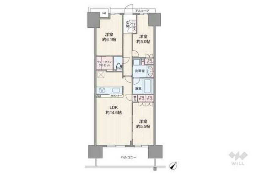 間取り図 間取りは専有面積69.34平米の3LDK。LDK約14.6帖のプラン。バルコニー面積は11.60平米です。