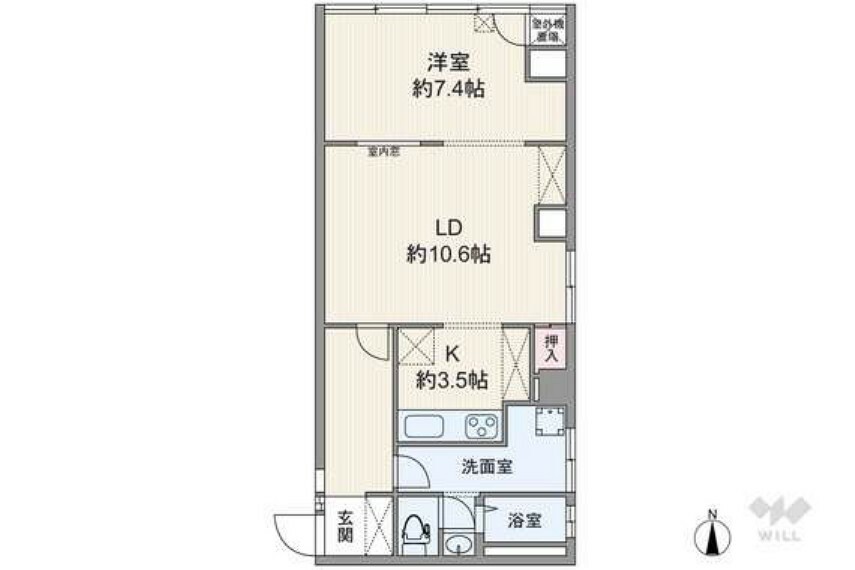 間取り図 間取りは専有面積64.98平米の1LDK。LDを挟んで水回りと洋室が配置されたプラン。LDと洋室の間には採光に配慮された室内窓が設置されています。洗面室と浴室に窓があり湿気がこもらず快適。