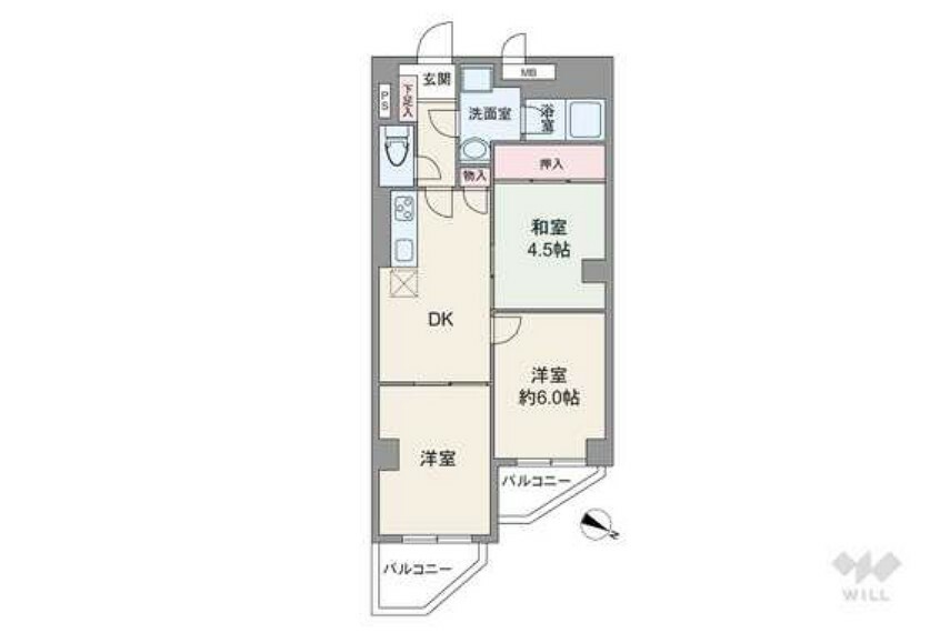 間取り図 間取りは専有面積54.44平米の3DK。全ての個室にはDKを通ってアクセスする家族が顔を合わせやすいプラン。バルコニーは2か所あり面積は5.26平米です。