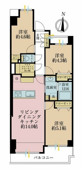 間取り図 3SLDK、専有面積61.95平米、バルコニー面積6.5平米