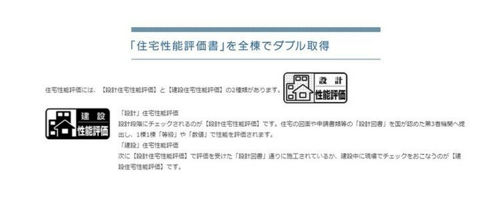 構造・工法・仕様 住宅性能評価書を全棟でダブル取得:設計段階にチェックされるのが設計住宅性能評価。建設中に現場でチェックを行うのが建設住宅性能評価です。