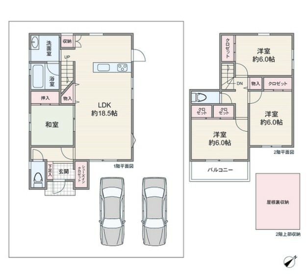 間取り図 間取りは延べ床面積98.82平米の4LDK。リビング階段仕様で家族の動きがわかりやすいプラン。2階は全居室6帖以上を確保しています。各居室に収納スペースがあり、玄関にはシューズクロゼット付きです。