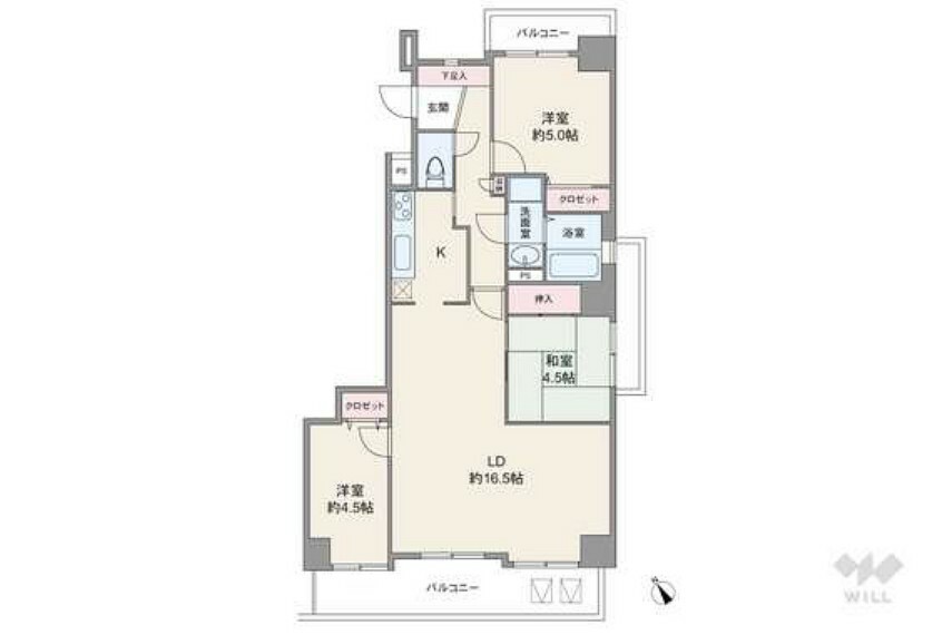 間取り図 間取りは専有面積80.97平米の3LDK。玄関から室内への動線がL字になっており、玄関先から室内を見通しにくいよう配慮されたプラン。個室は3部屋のうち2部屋が、LDKを通って出入りする造りです。