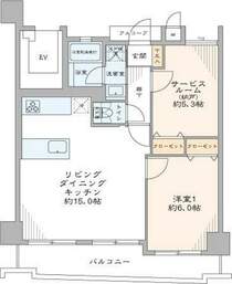 4階部分の南東向きの住戸です。ゆったりお一人暮らし、ホテル代わりのセカンドハウスなどにもおすすめのお部屋です。LDKは約15帖の広さがありますので、家具を置いてもゆったりと寛ぐことができます。