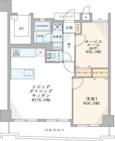 間取り図 4階部分の南東向きの住戸です。ゆったりお一人暮らし、ホテル代わりのセカンドハウスなどにもおすすめのお部屋です。LDKは約15帖の広さがありますので、家具を置いてもゆったりと寛ぐことができます。