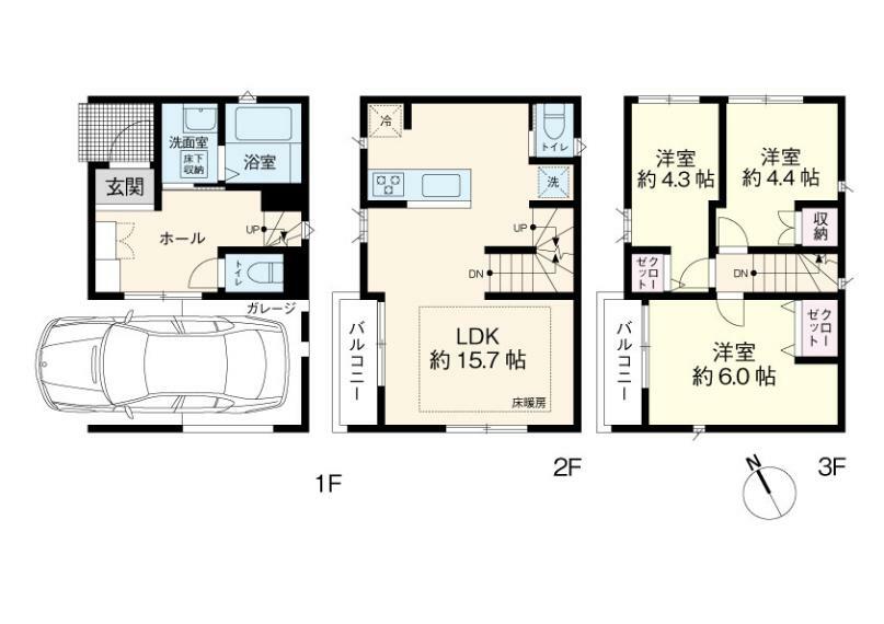 間取り図 3LDK　土地面積53.58平米　建物面積90.05平米　ビルドインガレージとの一体感がある瀟洒な玄関土間空間　土地権利は所有権