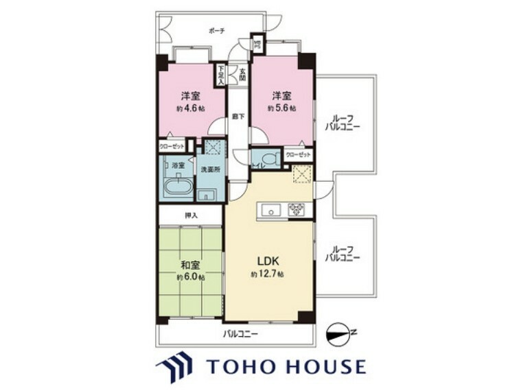 間取り図 開放的な角部屋空間！しかもバルコニーが3方向に接しておりますので各お部屋に明るい陽射しが入ってくるのも本物件の魅力です！全居室収納完備で収納力もバッチリです！