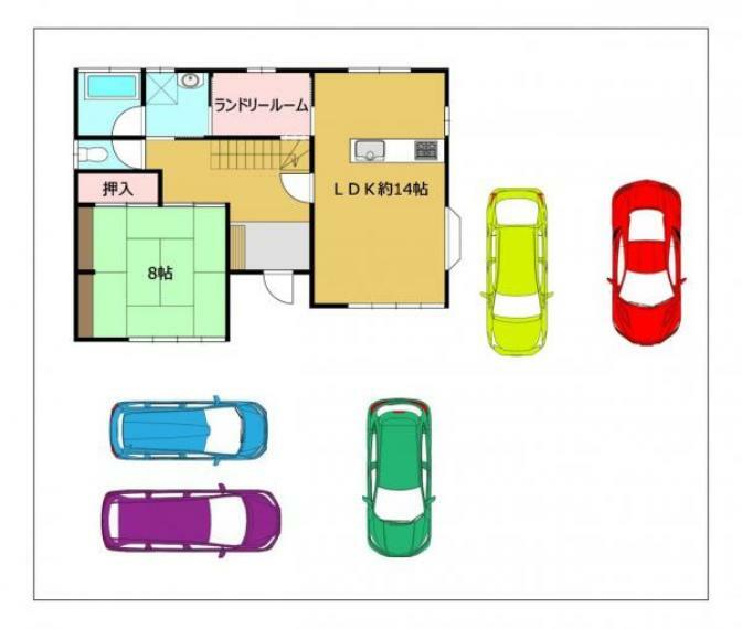 区画図 【区画図】駐車スペースは5台分確保（車種によります）。複数台お車を所有されている方にもおすすめです。