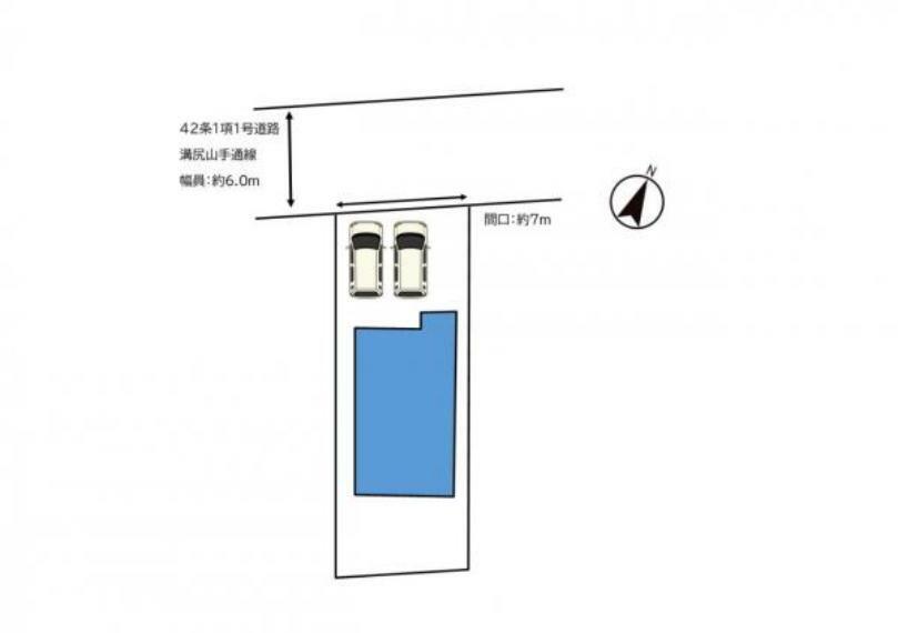 区画図 【配置図】駐車場はカーポート付きで並列2台停められます。南側にはテラスと土間スペースがあるので、天気のいい日は外で洗濯物を干したりもできそうですね。