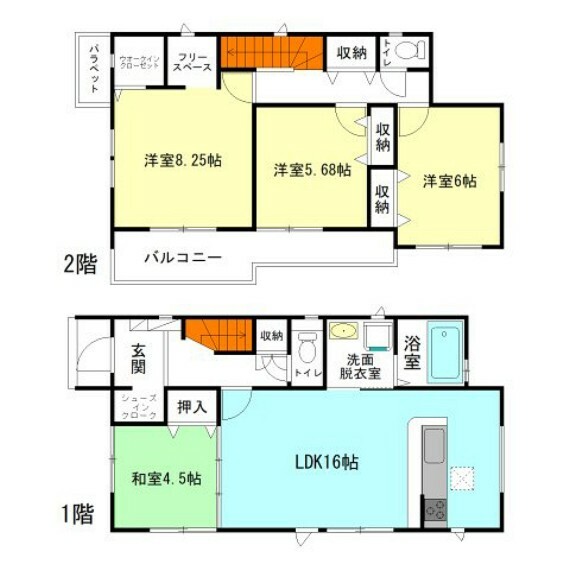 間取り図 全居室6帖以上！ 玄関には嬉しいシューズインクローク完備  水回りを最短距離で結んだラクラク家事同線！