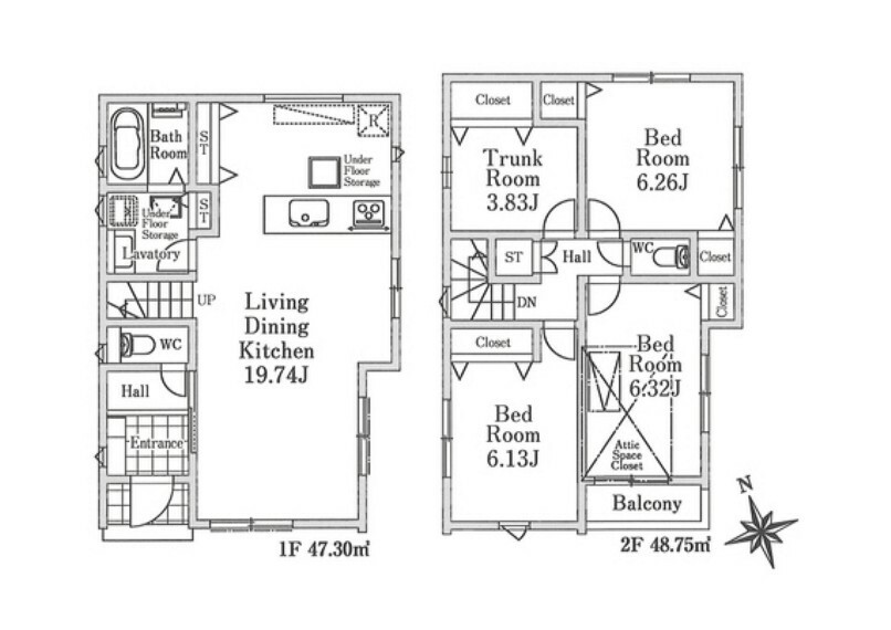 間取り図 LDK広々19.7帖、全居室に収納付の2階建て3SLDK