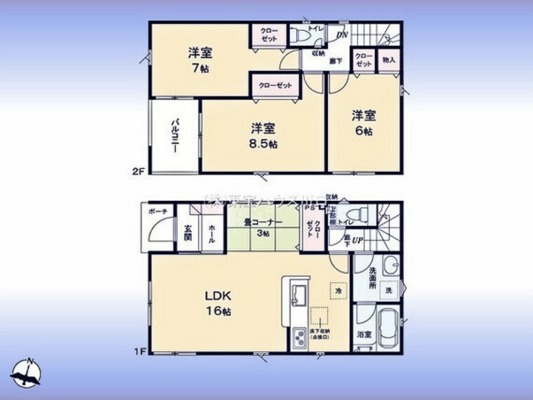 間取り図 間取図:対面キッチン付LDKとタタミコーナーが続き間設計でゆったり空間2階に6帖以上洋室3室南西向きバルコニー