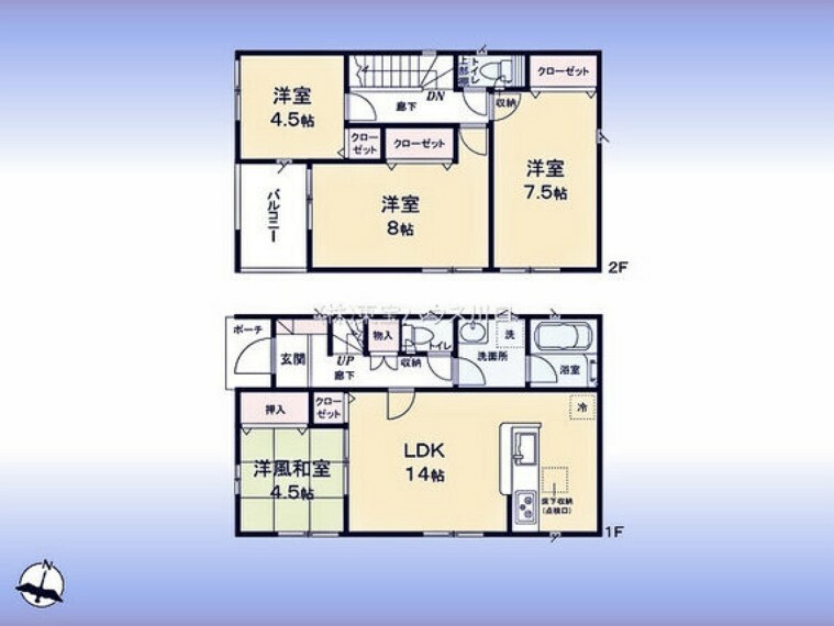 間取り図 間取図:対面キッチン付LDKと和室が続き間設計でゆったり空間2階に洋室3室（8帖主寝室含む）南西向きバルコニー