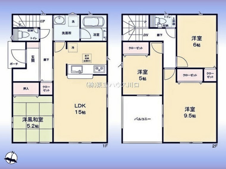 間取り図 間取図:対面キッチン付LDKと和室が続き間設計でゆったり空間2階に洋室3室（9.5帖主寝室含む）南西向きバルコニー