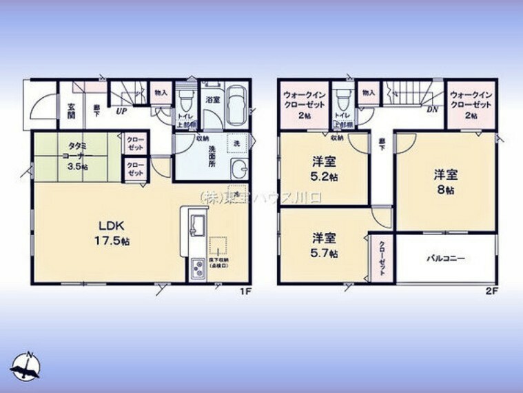 間取り図 間取図:対面キッチン付LDK＆畳コーナー2階に洋室3室（8帖主寝室含む）南西向きバルコニー