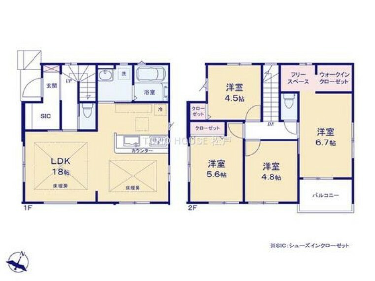 間取り図 角地立地の解放感と溢れる陽の光が気持ちの良いデザイナーズハウスです！床暖房付きの18帖リビング、玄関土間収納付き、リモートワークOKのフリースペースと大型WICも素敵です！