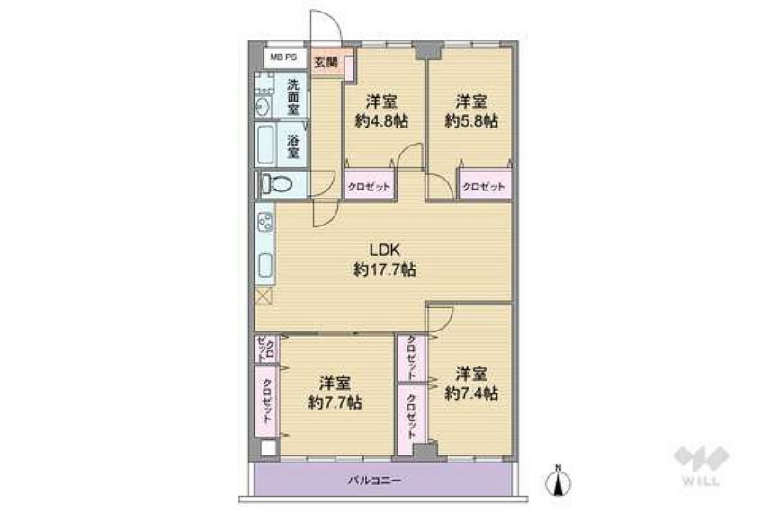 【間取り図】全居室洋室仕様のセンターリビングプラン。LDKを通って個室に出入りする造りのため、家族でコミュニケーションを取りやすい造りです。全個室に収納あり。バルコニー面積は8.74平米です。