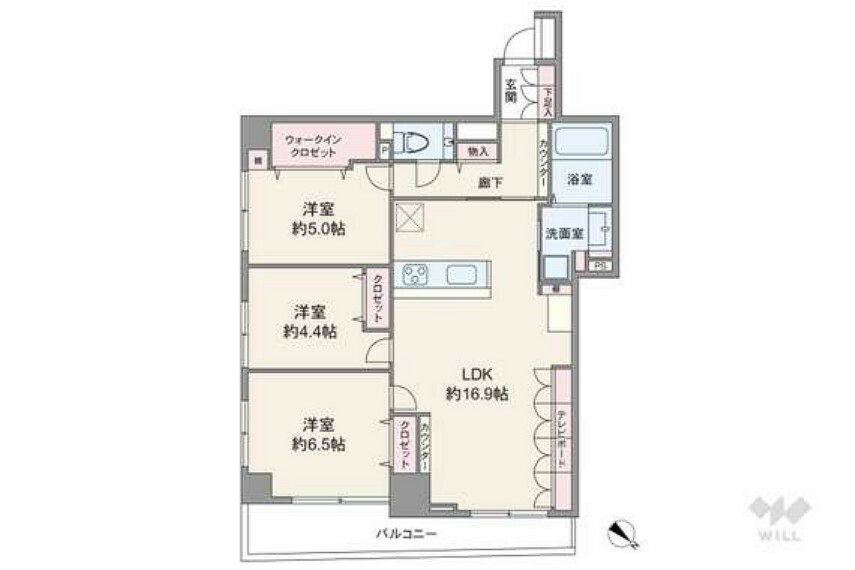 間取り図 間取りは専有面積78.38平米の3LDK。バルコニー面積は9.03平米です。