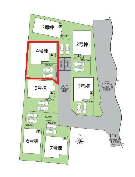 区画図 【4号棟区画図】土地面積168.45平米（50.95坪）・駐車3台可能（車種によります）・位置指定道路持分あり・一部協定道路あり