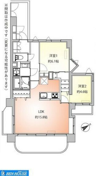 間取り図 ・四方角部屋に位置しており、居室二部屋は二面採光、リビングは三面採光で明るく開放感のあるお部屋です・各居室収納完備、リビング収納も設けられておりどちらのお部屋もスッキリ片付きます