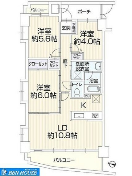 間取り図 ・二面のバルコニーのある3LDK再生住宅です・3方角部屋なので日当たり良好、風通し良好で開放感がございます・ペット飼育可でたいせつなペットとご一緒に生活できます・最寄りのバス停まで徒歩1分