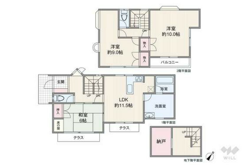 間取り図 和室は玄関から他の居室を通らずにアクセスできるため、客間としても利用しやすい部屋です。2階の洋室2部屋は約9.0帖、約10.0帖と、どちらも広さにゆとりあり。地下階に納戸があるのもポイントです。