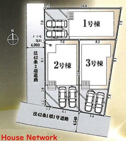 区画図 1号棟・建物は近隣の同建設会社施工の完成物件がご覧になれます。