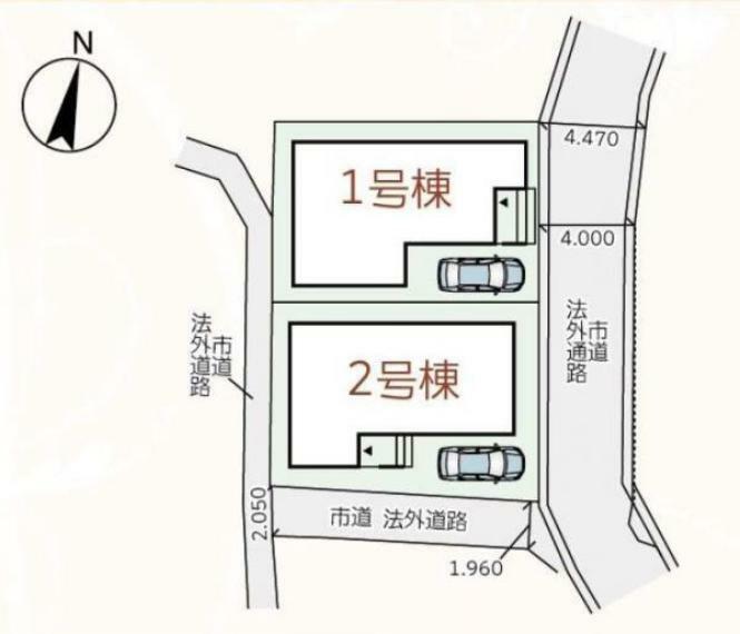 区画図 2号棟:敷地内に1台駐車可能です。