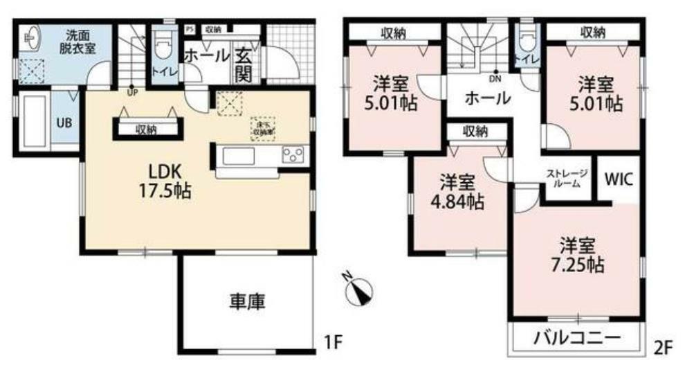 間取り図 1階には家族が集まるLDKと水廻りが集中。2階にはプライベートROOMで統一した4LDKです。ストレージルーム付き＾＾