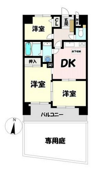 間取り図 3DK リビング横にはくつろげる和室あり