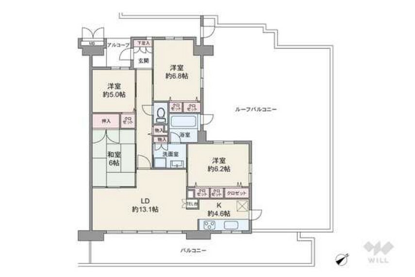 間取り図 間取りは専有面積93.74平米の4LDK。広々としたルーフバルコニーが魅力的なプラン。キッチンは生活感が出にくく、料理に集中しやすい独立型で、勝手口から直接ルーフバルコニーに出られます。