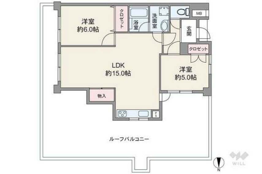 間取り図 57.78平米の2LDK。広々としたルーフバルコニーが魅力のプラン。LDKと洋室1部屋が2面以上の採光を確保しています。LDKを含む全居室に収納完備。室内廊下が短く居住スペースを優先した造りです。