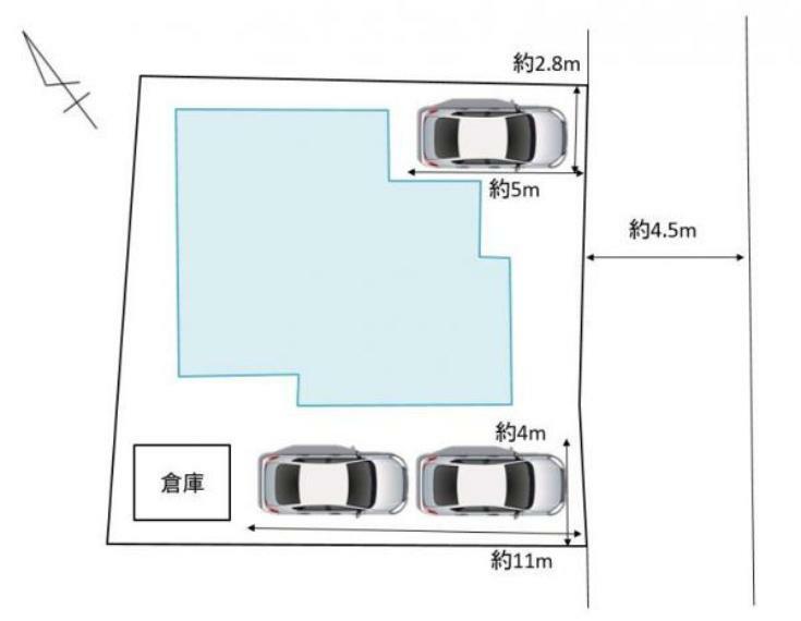 区画図 【区画図】現地区画図です。駐車スペースが、普通車1台分と普通車縦列2台分に分かれており、計3台の駐車が可能です。