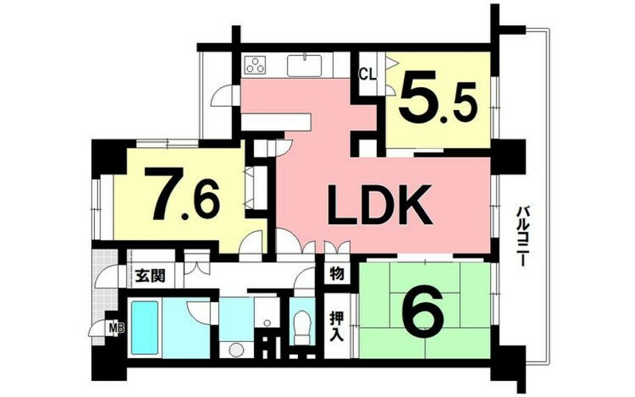 3LDK、東向きバルコニー、室内程度良好【専有面積75.14m2】