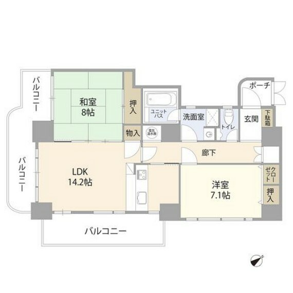 間取り図 LDK約14.2帖/洋室約7.1帖/和室約8帖/洗面/浴室/トイレ