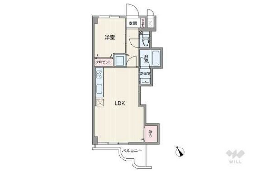 間取り図 間取りは専有面積37.8平米の1LDK。キッチンと洗面室（洗濯機置場）の行き来がしやすく、家事動線に優れたプラン。