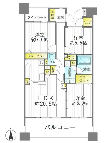 間取り図 全室フローリングでお手入れラクラク！南向きで室内は明るく、風通しの良い空間です！