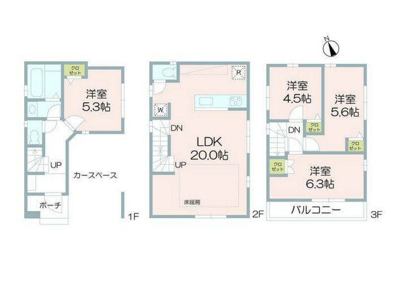 参考プラン間取り図 B区画建物参考プラン建物価格:2070万円建物面積:104.61m2（車庫・ポーチ部分13.69m2含む）各居室6帖以上なので部屋割りでもめることもありませんね。