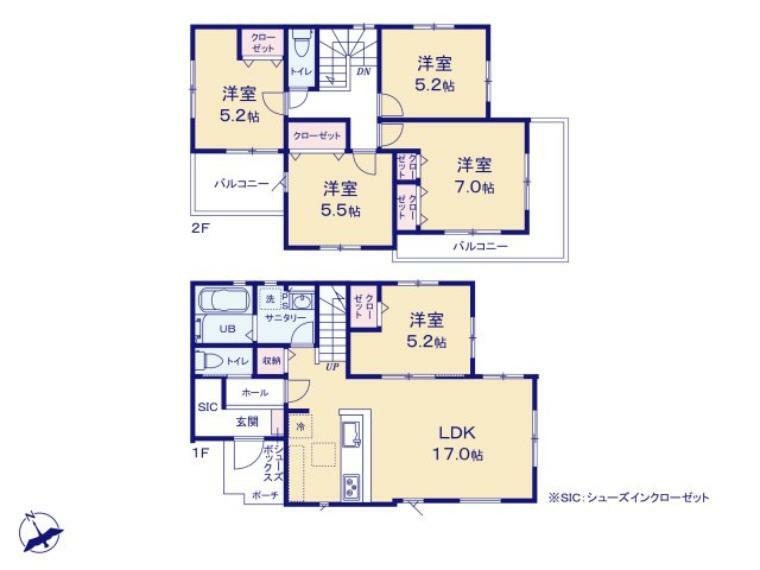 間取り図 5LDK、土地面積136.46平米、建物面積104.89平米 大家族向けの5LDK！趣味のお部屋も作りやすいですね