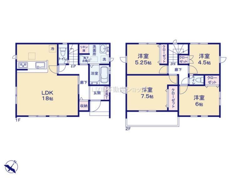 間取り図 ゆとりの2階部屋4部屋でご家族それぞれのお時間も大切に出来ます。 拭き掃除も簡単な全室フローリングです。