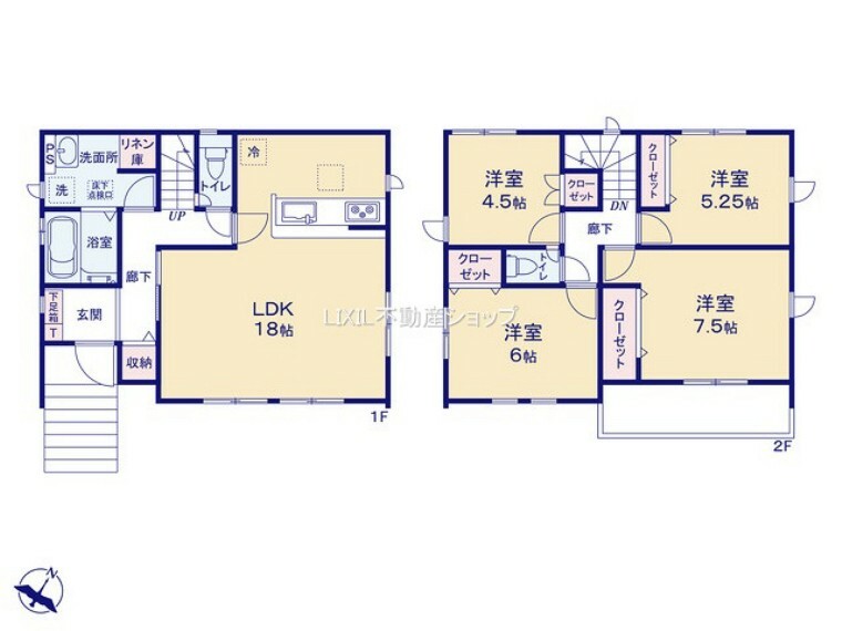 間取り図 1階は広いLDK18帖をご家族の共有スペースとして。 2階4部屋はそれぞれのお部屋。 暮らし易さを考慮した間取りとなっています。