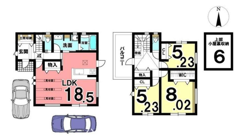 間取り図 全室の収納に加え6帖の小屋裏収納がございます。玄関側とキッチンの2か所から洗面室に出入りできるのが嬉しいですね