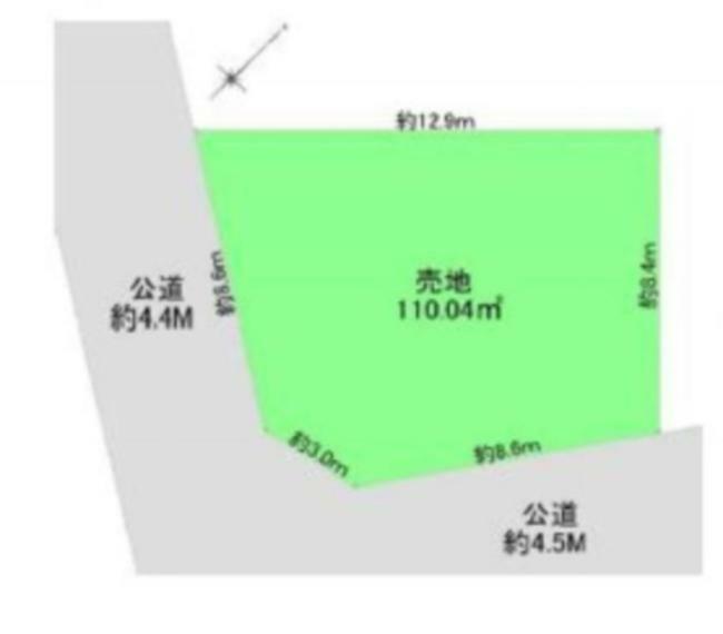 土地図面 開放感ある角地！隣家に接している部分が少ないので風通しが良く、太陽の光が差し込む明るい区画です。