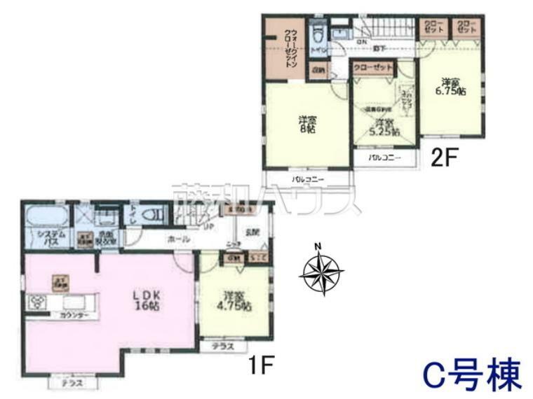 間取り図 C号棟　間取図　ウォークインクローゼット付きの居室は8帖の広さがあり、開放的な空間が広がっております。ダブルベットを置いてもゆとりある空間です。【日野市日野台2丁目】